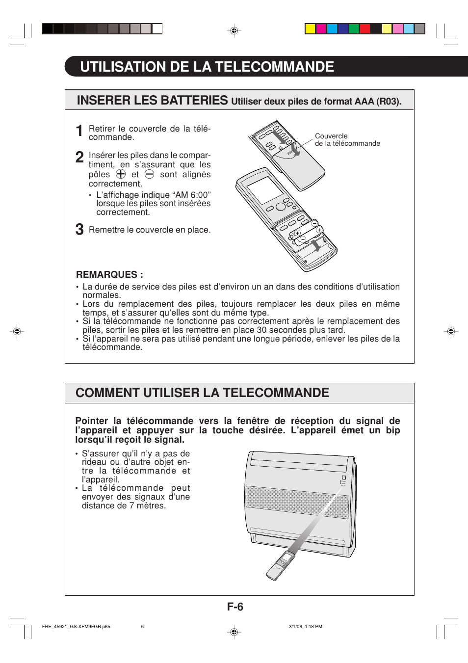 Utilisation de la telecommande, Inserer les batteries, Comment utiliser la telecommande | Sharp GS-XP12FGR - GU-X12FGR User Manual | Page 96 / 136