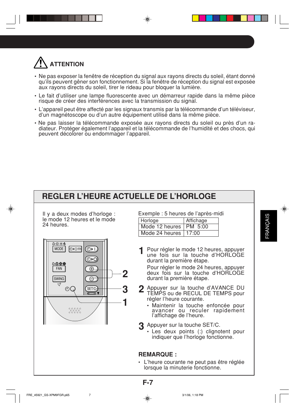 Regler l’heure actuelle de l’horloge | Sharp GS-XP12FGR - GU-X12FGR User Manual | Page 97 / 136