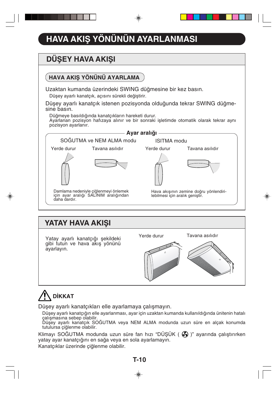 Hava akiω yönünün ayarlanmasi, Düωey hava akiωi, Yatay hava akiωi | T-10 | Sharp GS-XP18FR - GU-XR18FR User Manual | Page 102 / 128