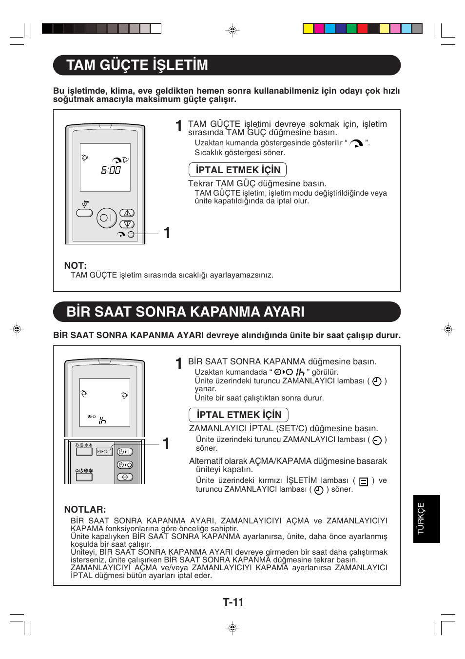 Tam güçte σωletσm, Bσr saat sonra kapanma ayari, Tam güçte ∑ωlet∑m | B∑r saat sonra kapanma ayari, T-11 | Sharp GS-XP18FR - GU-XR18FR User Manual | Page 103 / 128