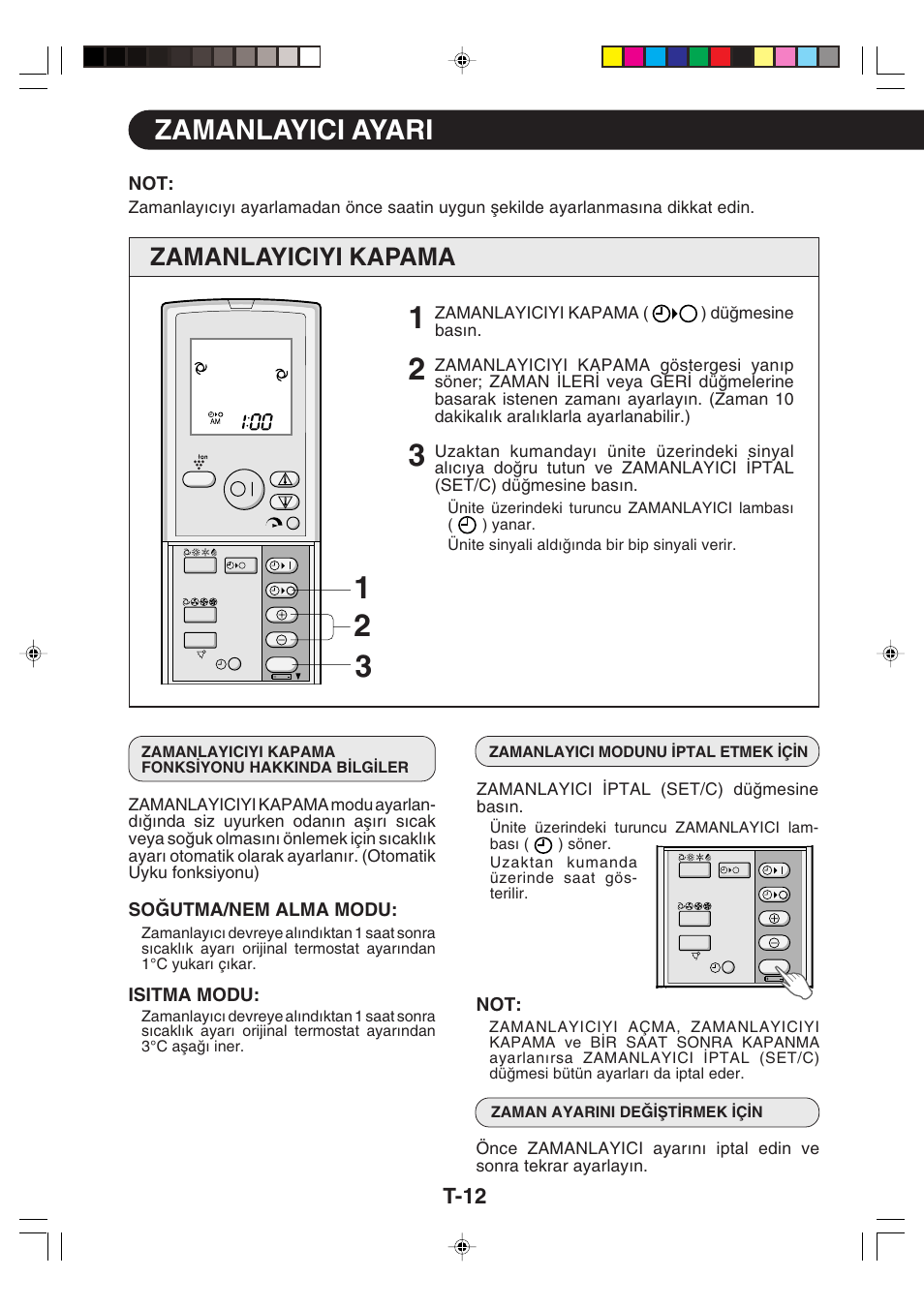 Zamanlayici ayari, Zamanlayiciyi kapama, T-12 | Sharp GS-XP18FR - GU-XR18FR User Manual | Page 104 / 128