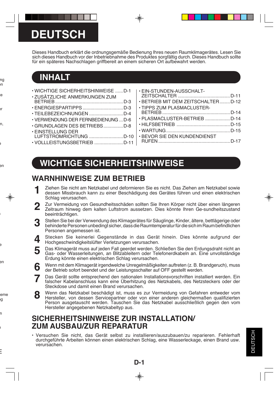 Deutsch, Inhalt, Wichtige sicherheitshinweise | Warnhinweise zum betrieb | Sharp GS-XP18FR - GU-XR18FR User Manual | Page 111 / 128