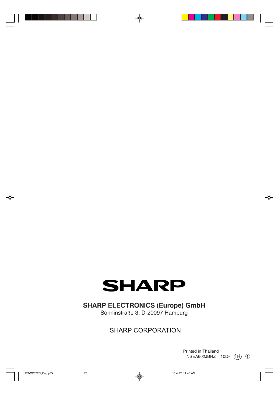 Sharp electronics (europe) gmbh, Sonninstra | Sharp GS-XP18FR - GU-XR18FR User Manual | Page 128 / 128