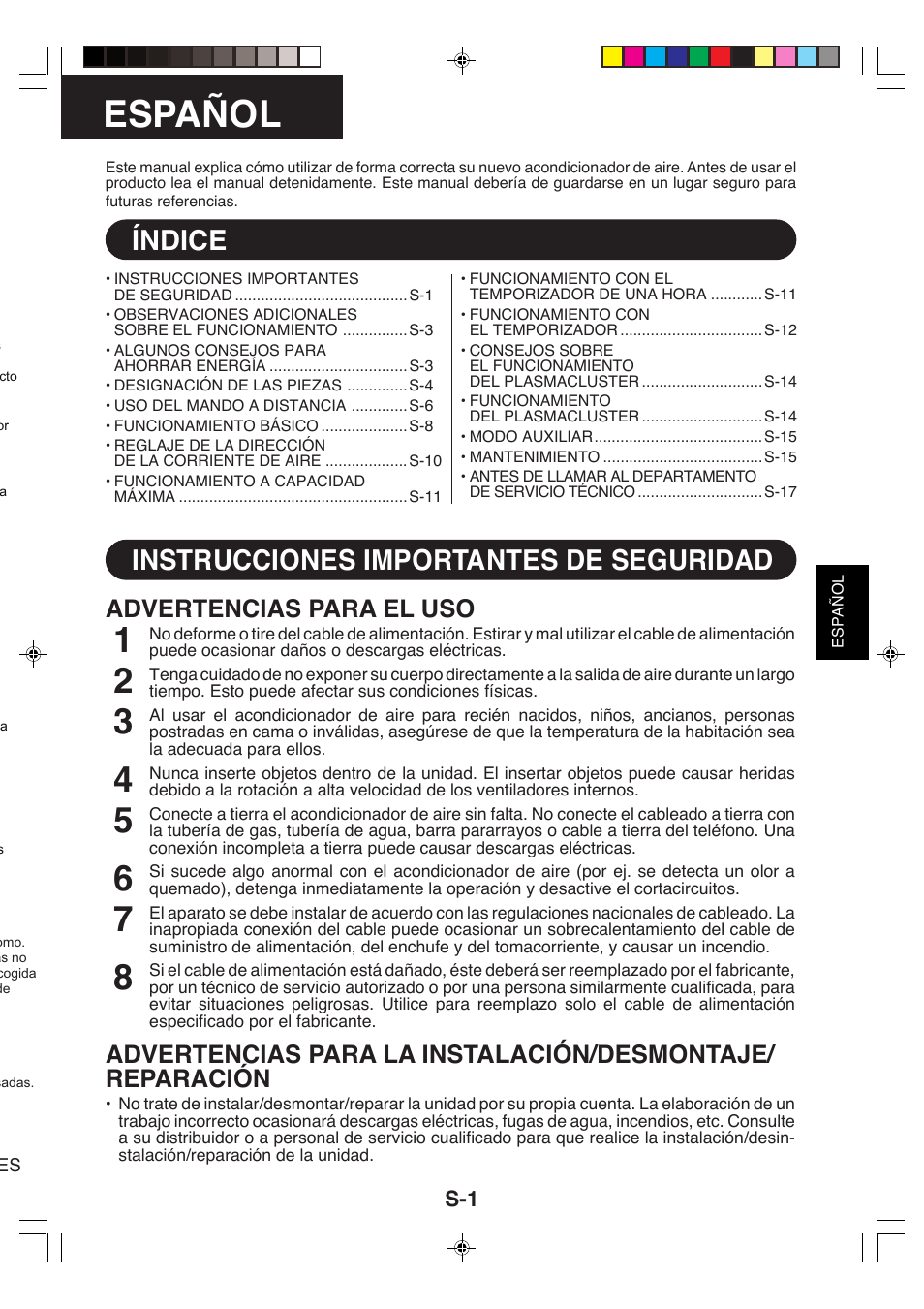 Español, Índice, Instrucciones importantes de seguridad | Advertencias para el uso | Sharp GS-XP18FR - GU-XR18FR User Manual | Page 21 / 128