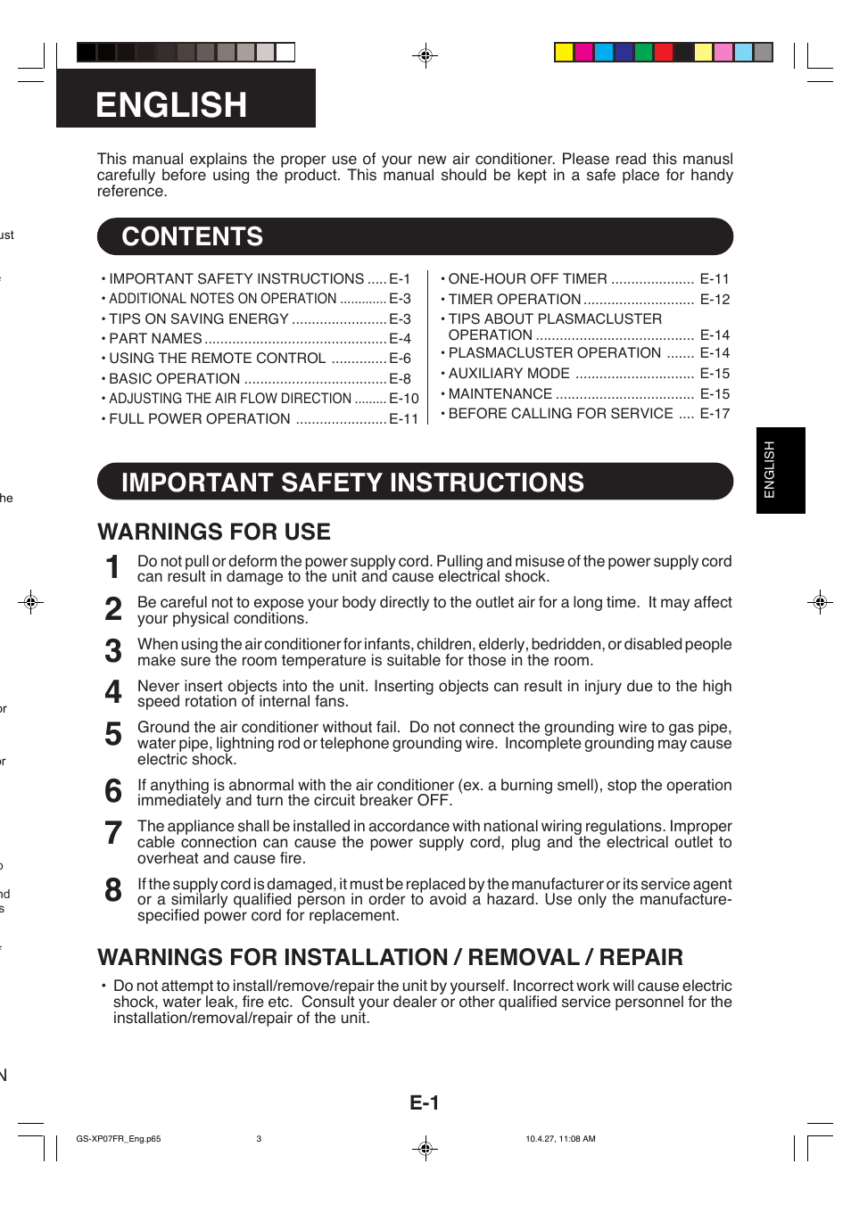 Sharp GS-XP18FR - GU-XR18FR User Manual | Page 3 / 128