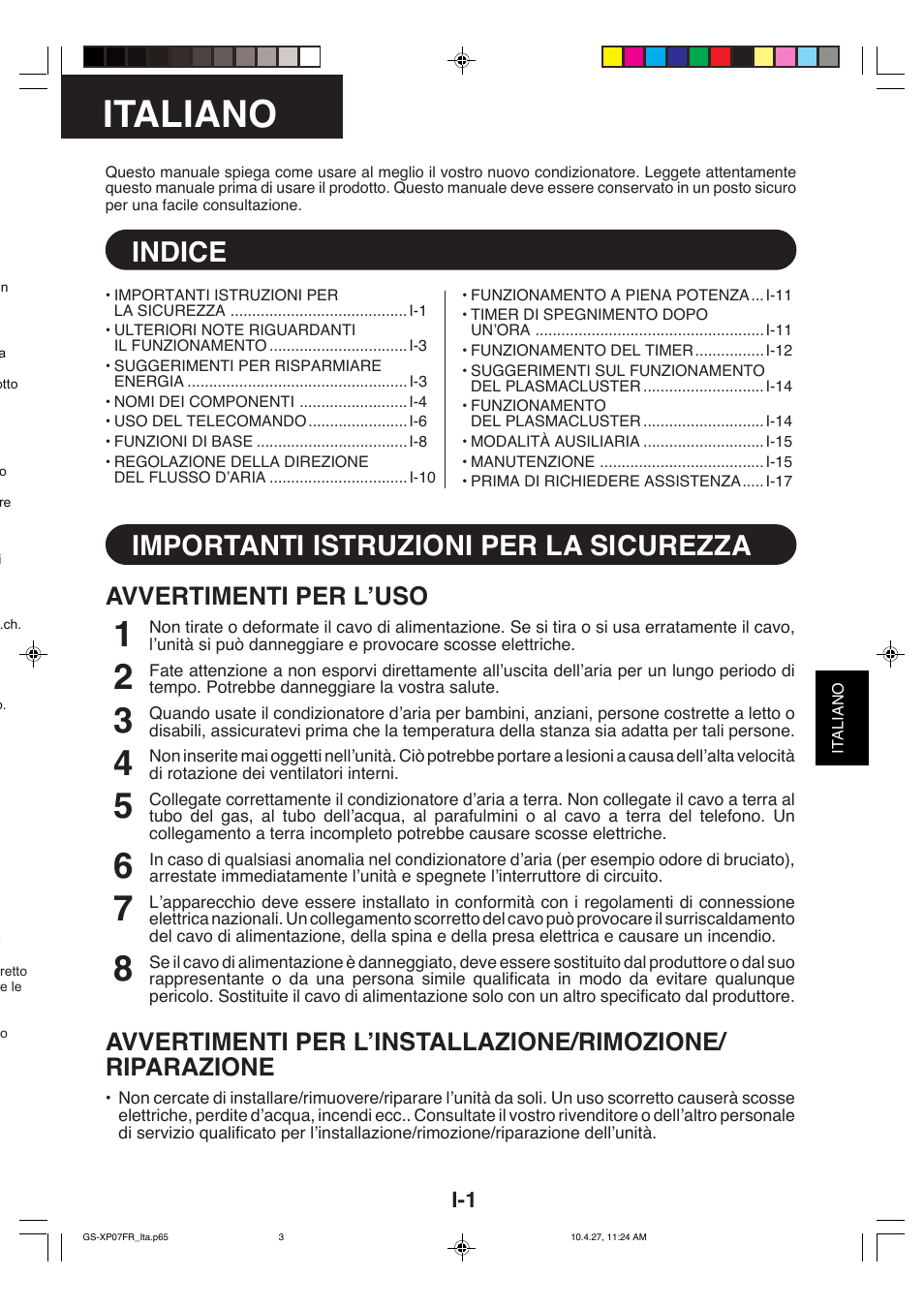 Italiano, Indice, Importanti istruzioni per la sicurezza | Avvertimenti per l’uso | Sharp GS-XP18FR - GU-XR18FR User Manual | Page 39 / 128