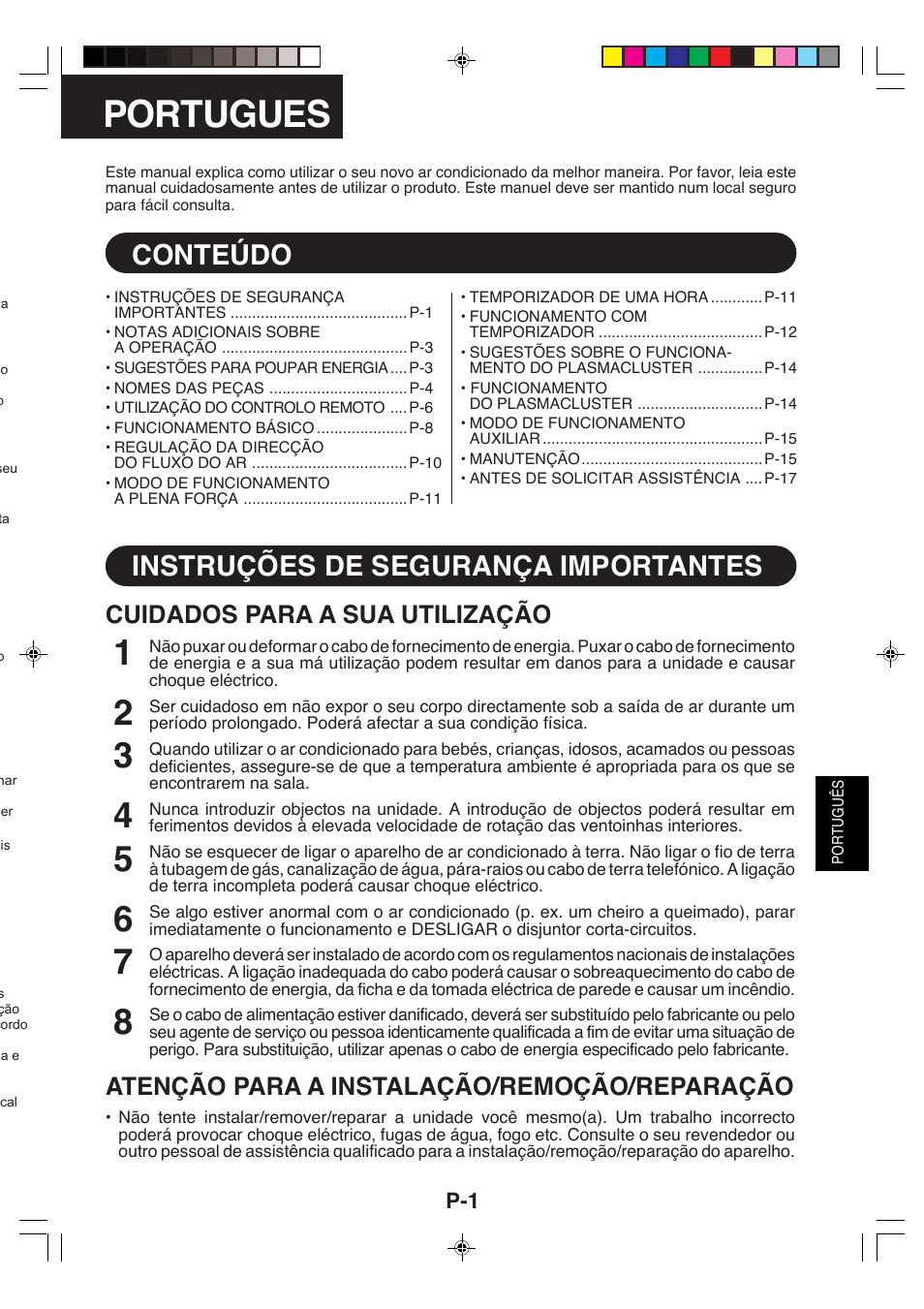 Português, Conteúdo, Instruções de segurança importantes | Cuidados para a sua utilização, Atenção para a instalação/remoção/reparação | Sharp GS-XP18FR - GU-XR18FR User Manual | Page 57 / 128