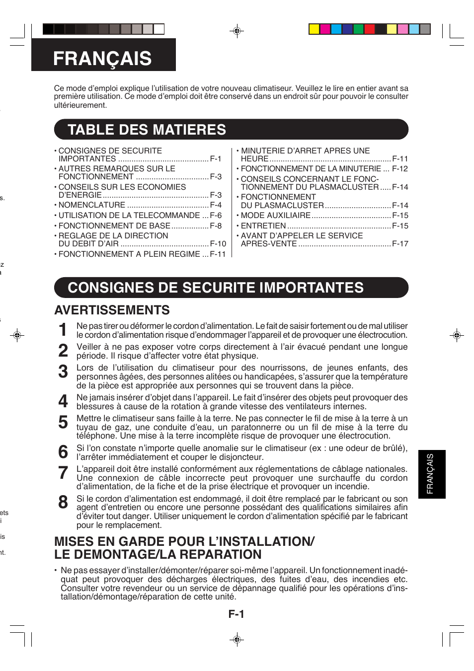 Français, Table des matieres, Consignes de securite importantes | Avertissements | Sharp GS-XP18FR - GU-XR18FR User Manual | Page 75 / 128