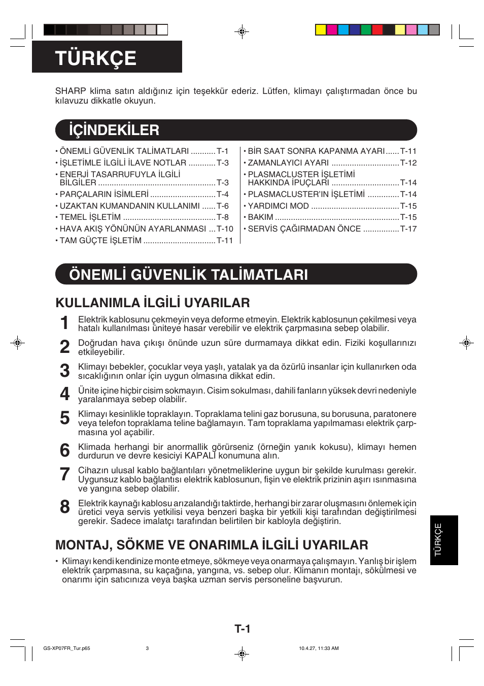 Türkçe, Σçσndekσler, Önemlσ güvenlσk talσmatlari | Ç∑ndek∑ler, Öneml∑ güvenl∑k tal∑matlari | Sharp GS-XP18FR - GU-XR18FR User Manual | Page 93 / 128