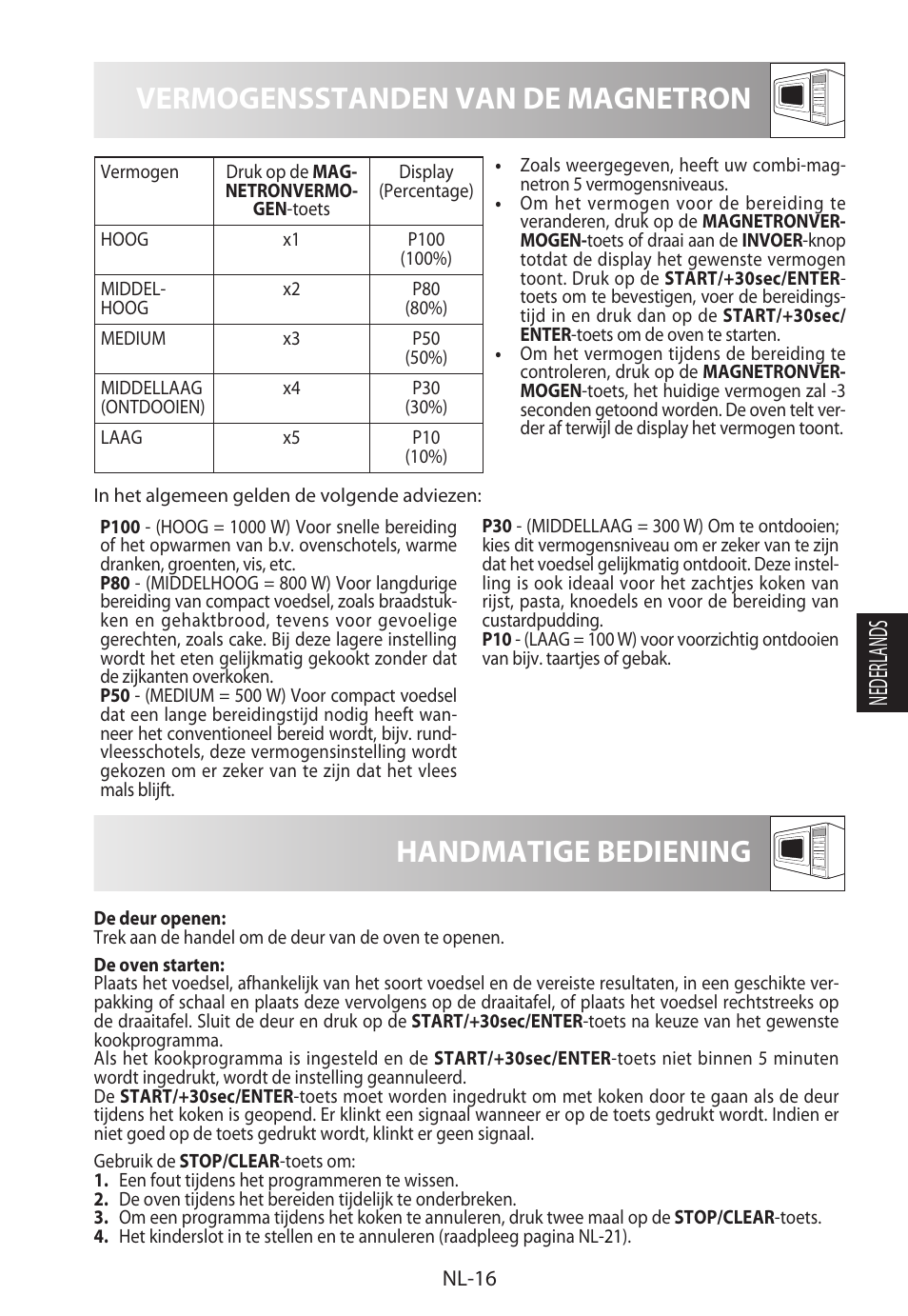 Vermogensstanden van de magnetron, Handmatige bediening, Nederlands | Sharp R-922STWE User Manual | Page 123 / 266