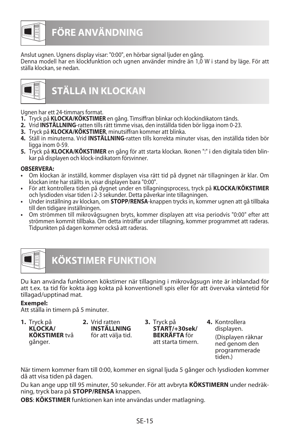 Före användning ställa in klockan, Kökstimer funktion | Sharp R-922STWE User Manual | Page 148 / 266