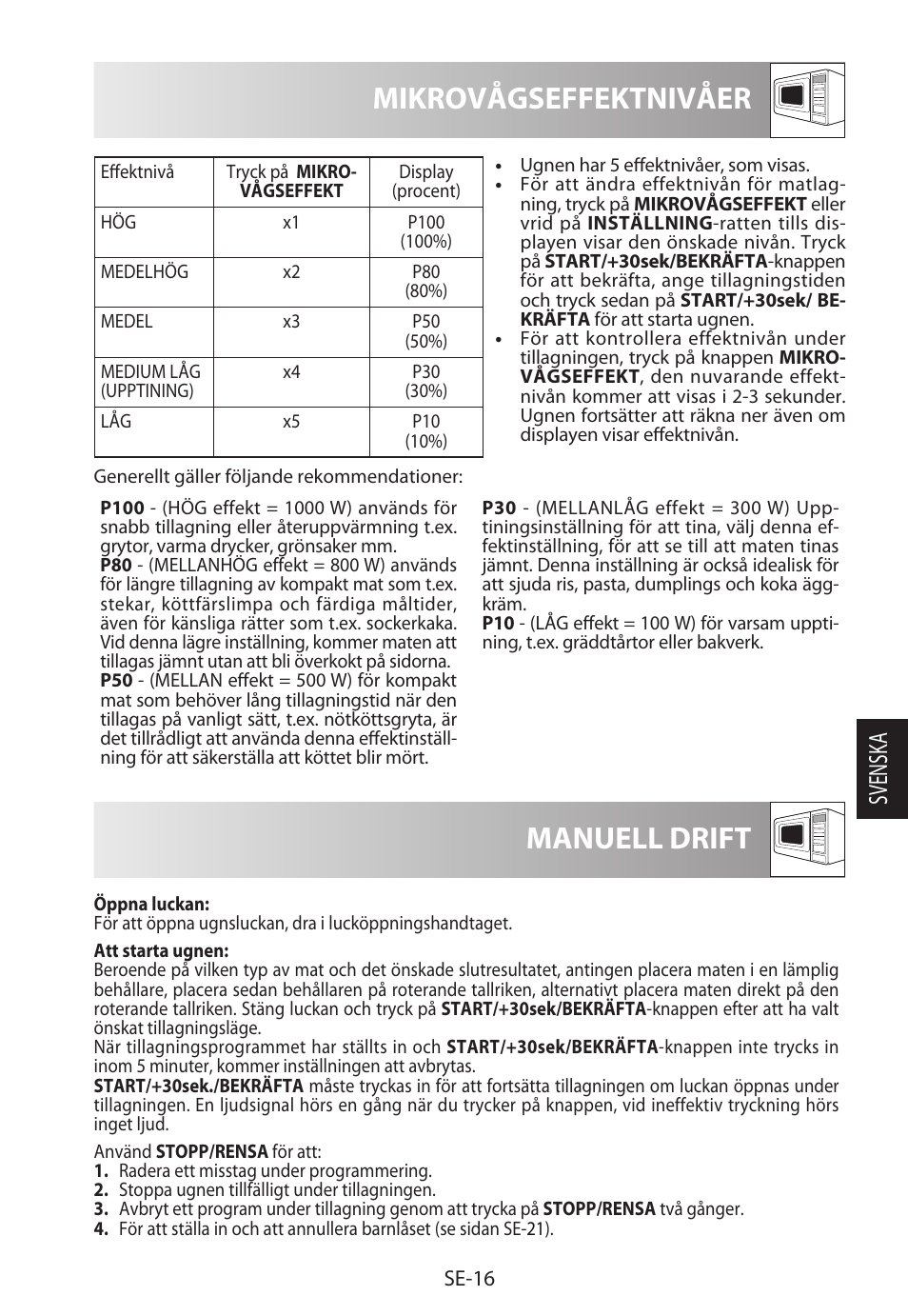 Mikrovågseffektnivåer, Manuell drift, Svensk a | Sharp R-922STWE User Manual | Page 149 / 266