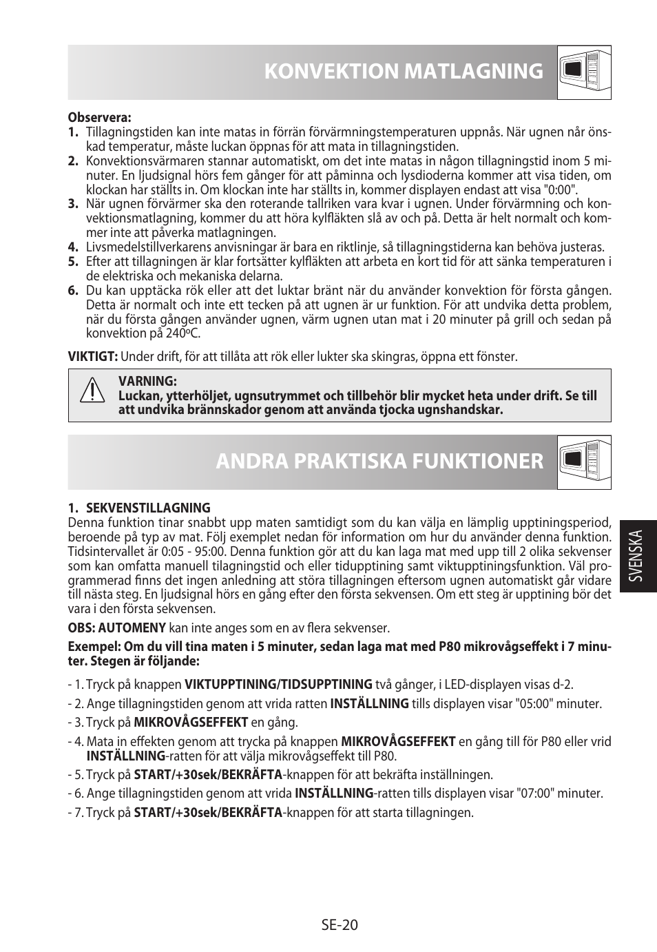 Konvektion matlagning, Andra praktiska funktioner, Svensk a | Sharp R-922STWE User Manual | Page 153 / 266