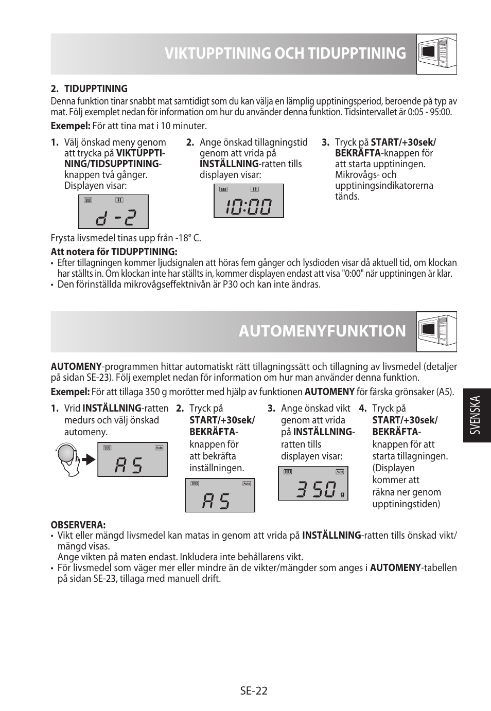 Viktupptining och tidupptining, Automenyfunktion, Svensk a | Sharp R-922STWE User Manual | Page 155 / 266
