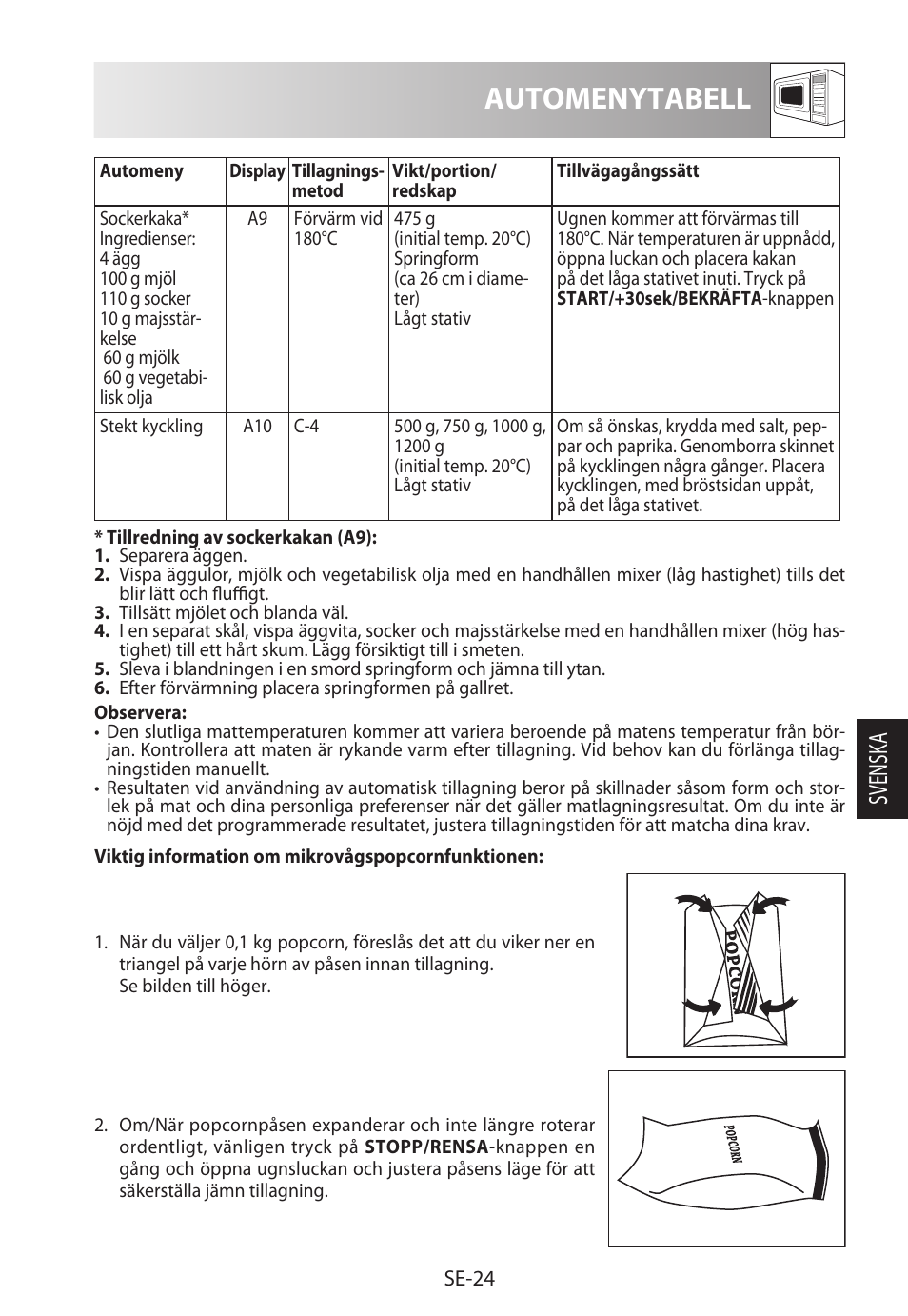 Automenytabell, Svensk a | Sharp R-922STWE User Manual | Page 157 / 266