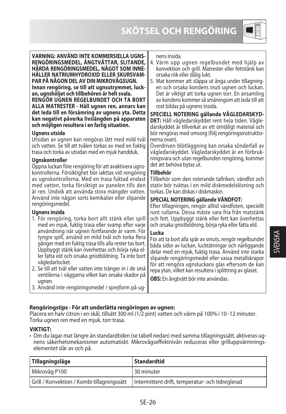 Skötsel och rengöring, Svensk a | Sharp R-922STWE User Manual | Page 159 / 266