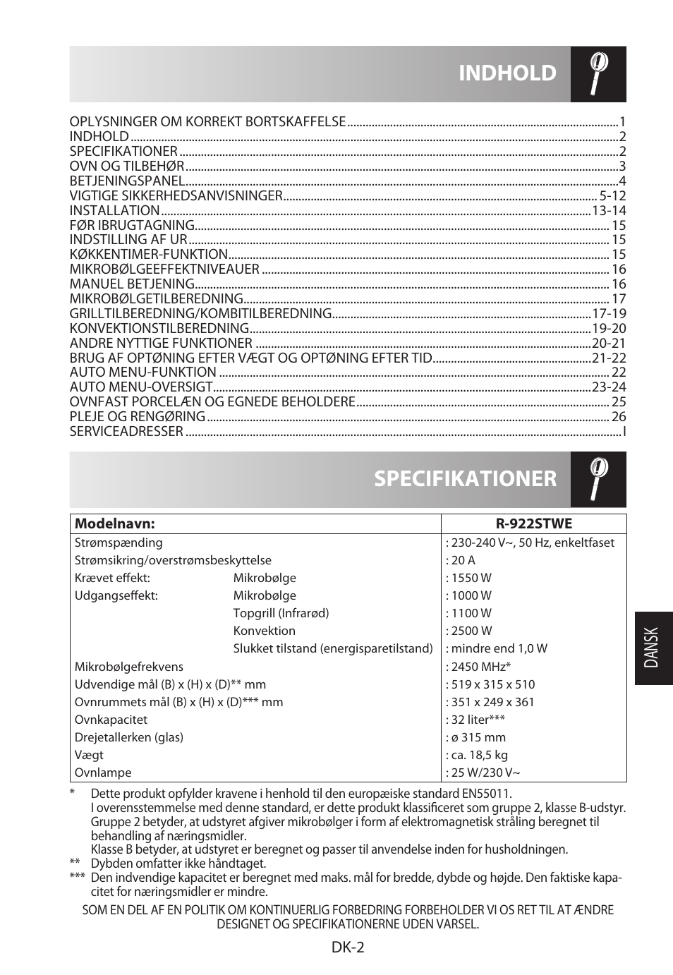 Specifikationer indhold, Da ns k, Dk-2 | Sharp R-922STWE User Manual | Page 161 / 266