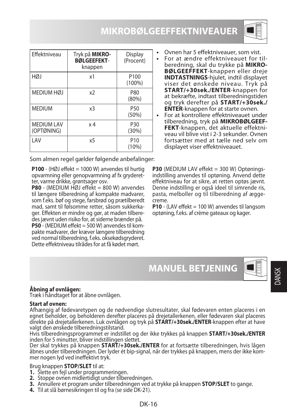 Mikrobølgeeffektniveauer, Manuel betjening, Dansk | Sharp R-922STWE User Manual | Page 175 / 266