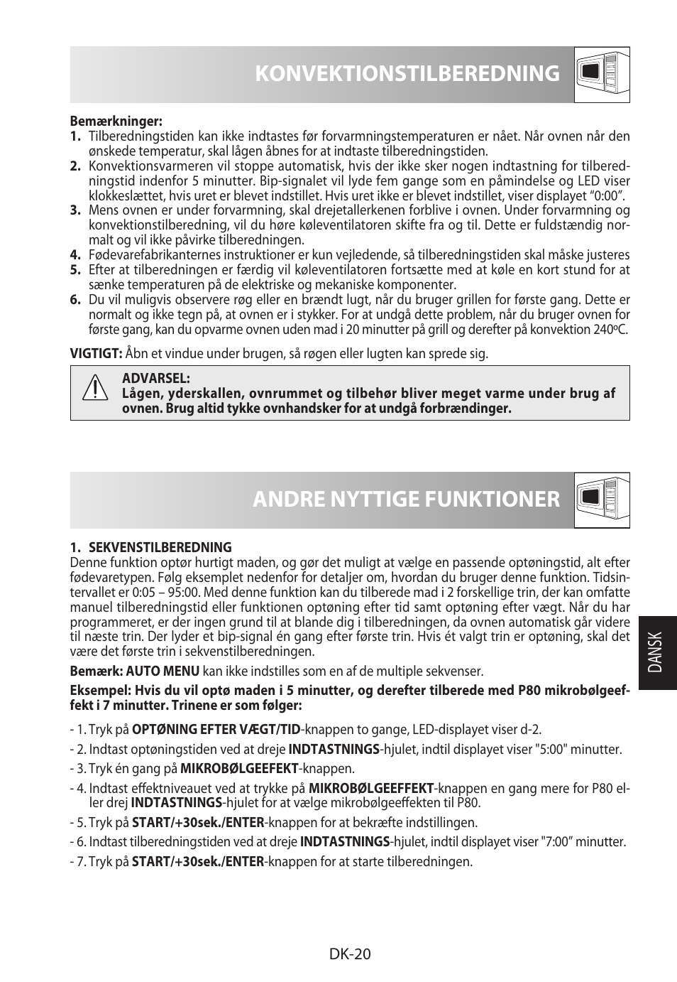 Konvektionstilberedning, Andre nyttige funktioner, Da ns k | Sharp R-922STWE User Manual | Page 179 / 266