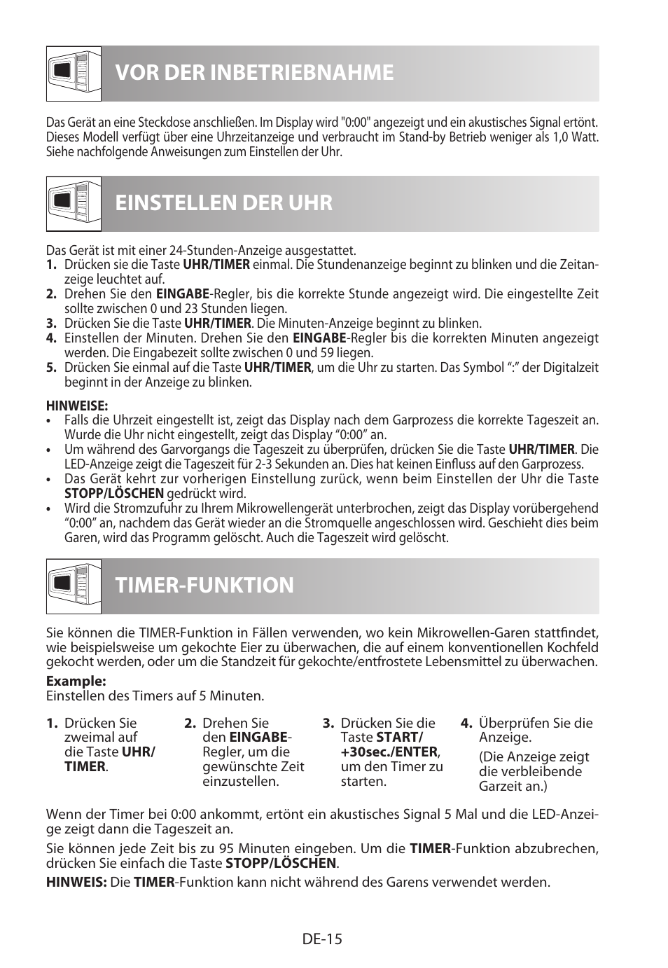 Vor der inbetriebnahme einstellen der uhr, Timer-funktion | Sharp R-922STWE User Manual | Page 18 / 266
