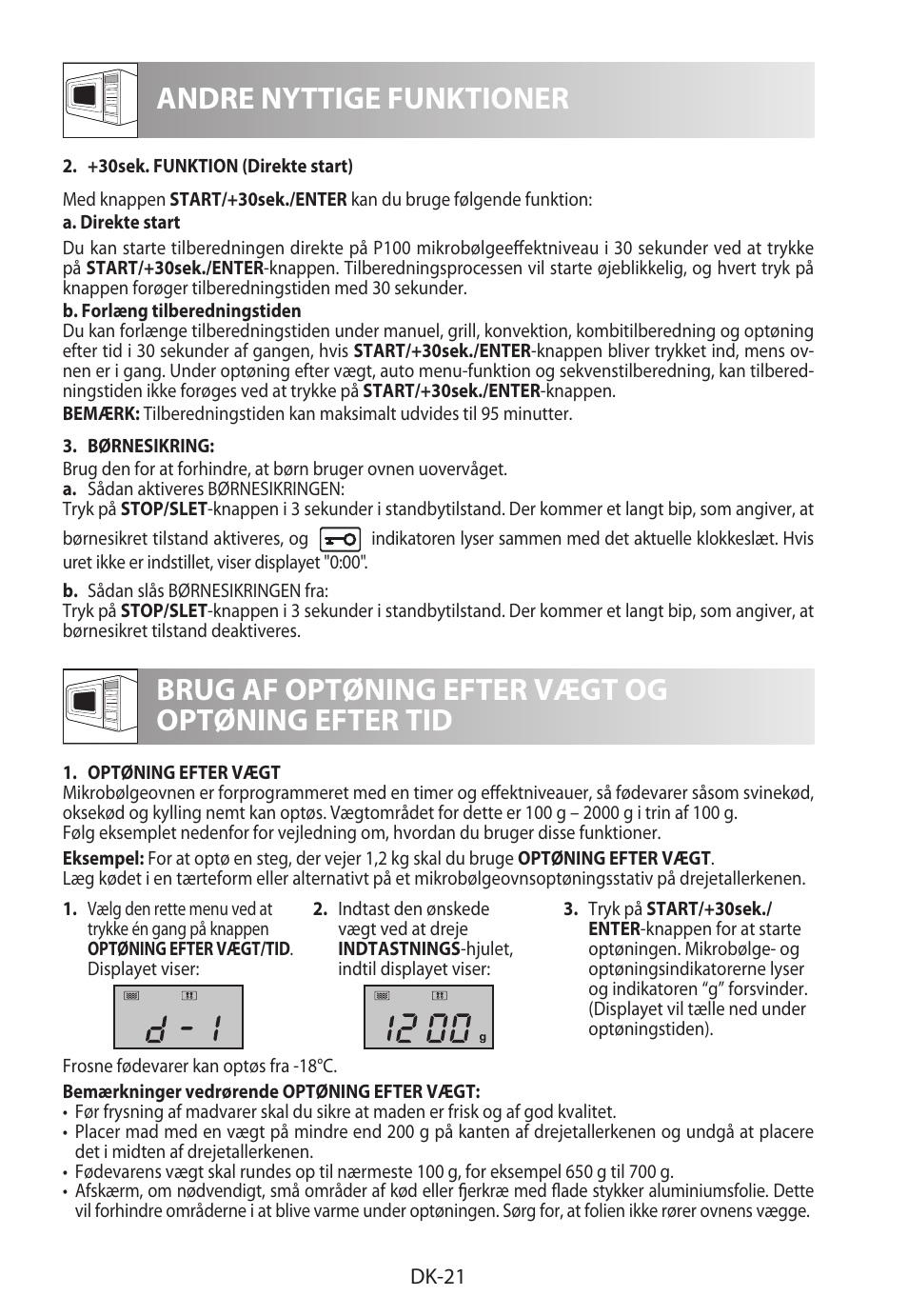 Andre nyttige funktioner, Brug af optøning efter vægt og optøning efter tid | Sharp R-922STWE User Manual | Page 180 / 266