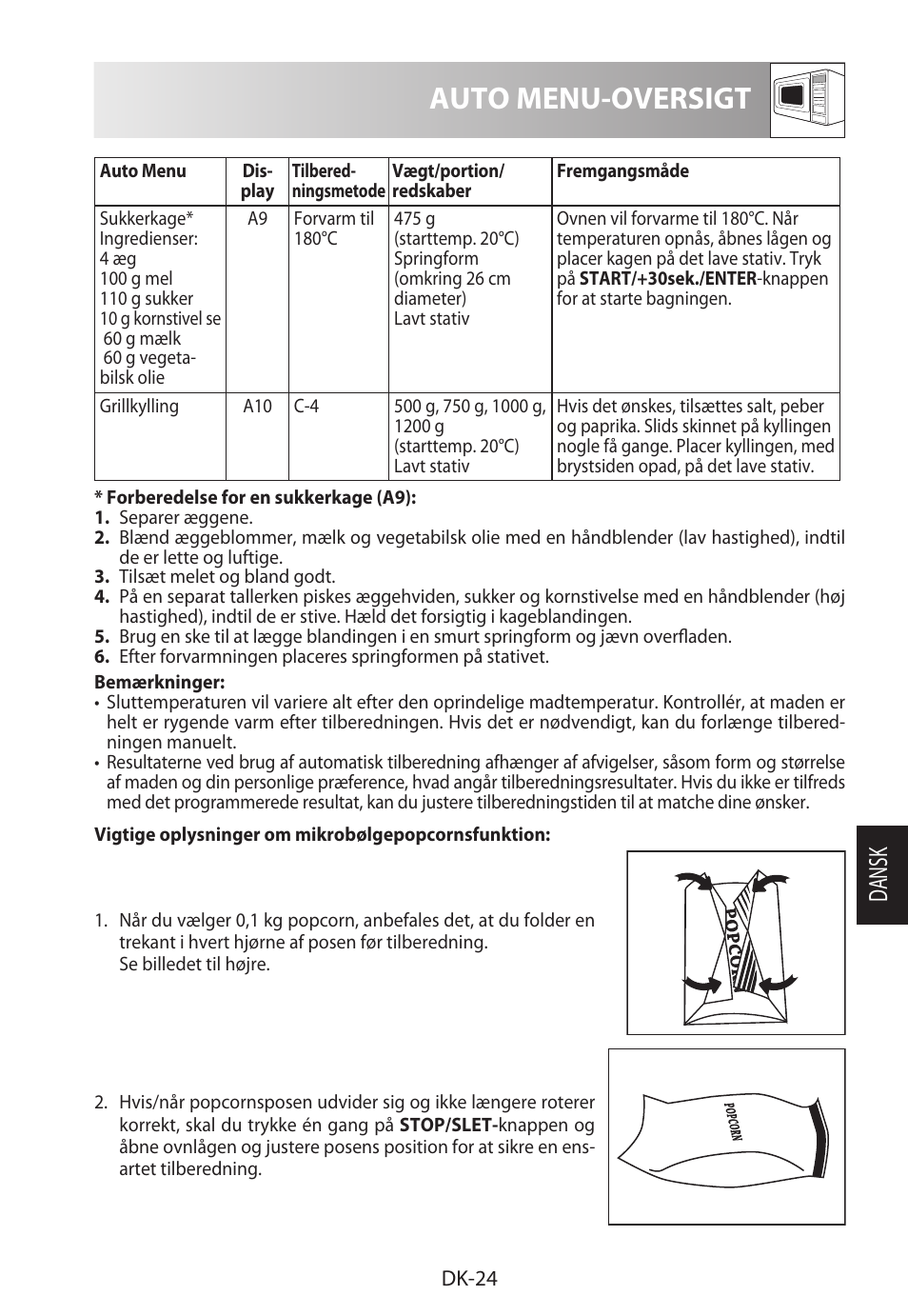 Auto menu-oversigt, Da ns k | Sharp R-922STWE User Manual | Page 183 / 266