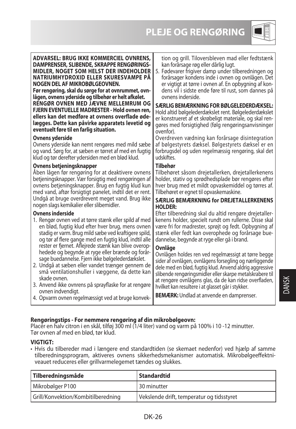 Pleje og rengøring, Da ns k | Sharp R-922STWE User Manual | Page 185 / 266