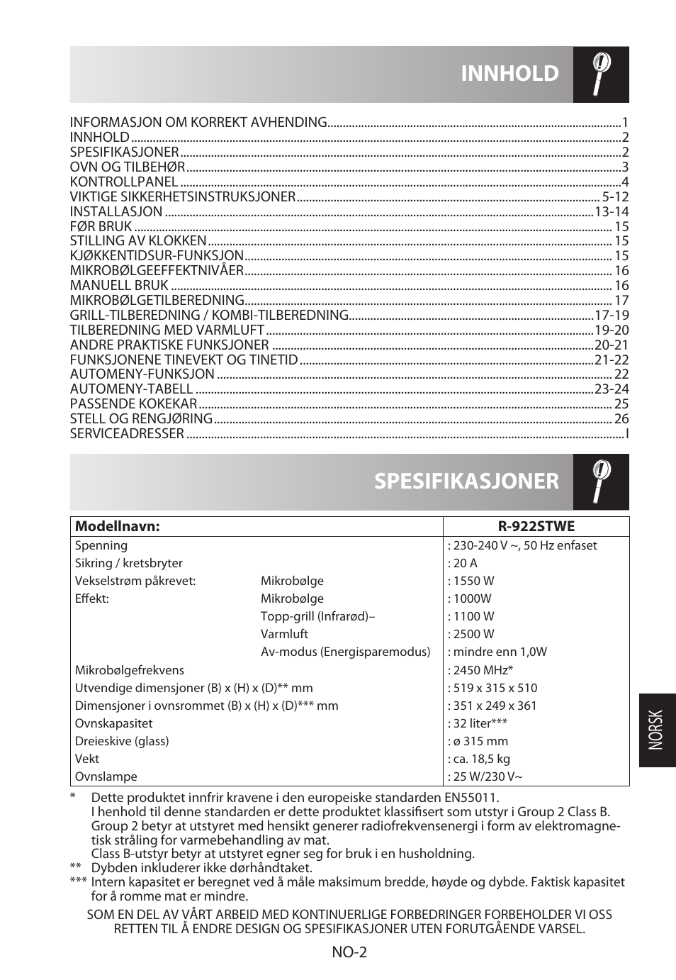 Spesifikasjoner innhold, Norsk, No-2 | Sharp R-922STWE User Manual | Page 187 / 266