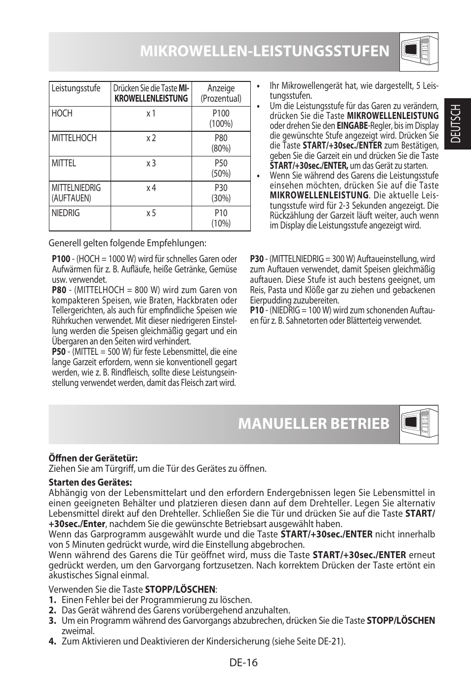 Mikrowellen-leistungsstufen, Manueller betrieb, Deutsch | Sharp R-922STWE User Manual | Page 19 / 266