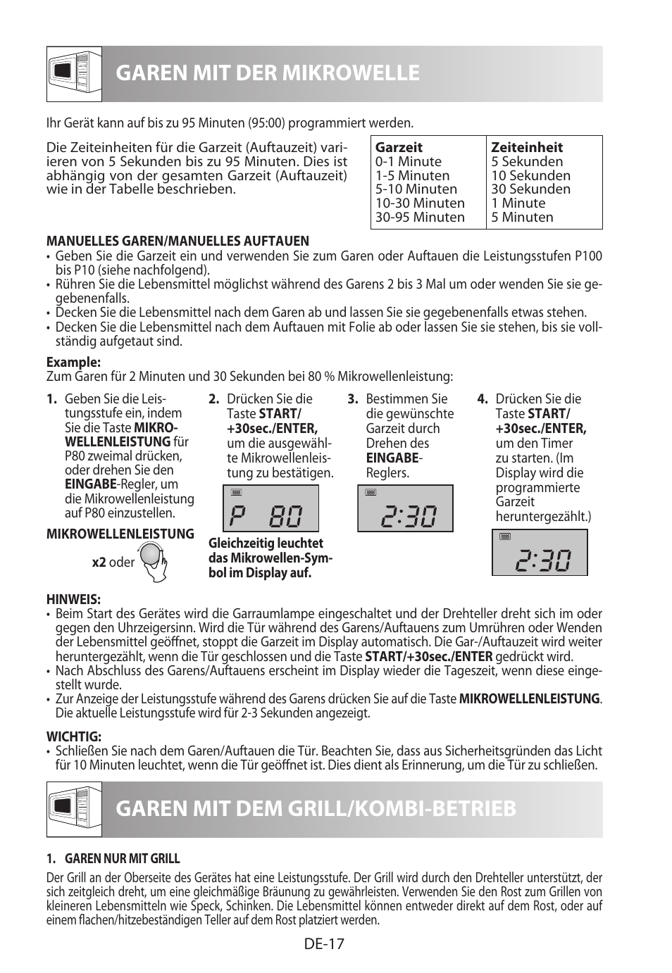 Garen mit der mikrowelle, Garen mit dem grill/kombi-betrieb | Sharp R-922STWE User Manual | Page 20 / 266