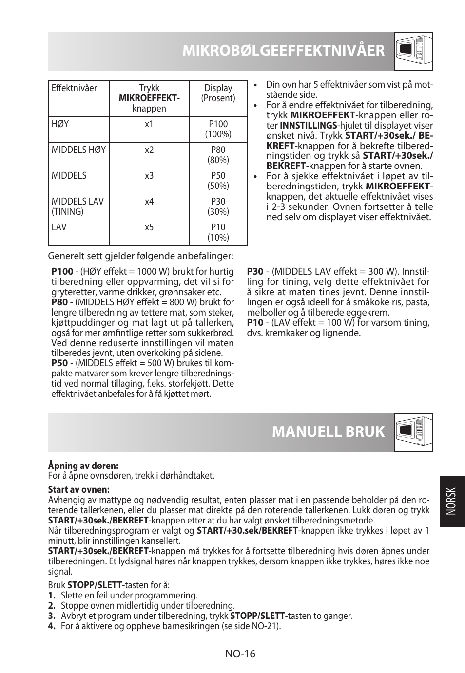 Mikrobølgeeffektnivåer, Manuell bruk, Norsk | Sharp R-922STWE User Manual | Page 201 / 266