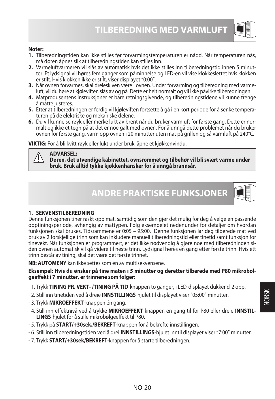 Tilberedning med varmluft, Andre praktiske funksjoner, Norsk | Sharp R-922STWE User Manual | Page 205 / 266