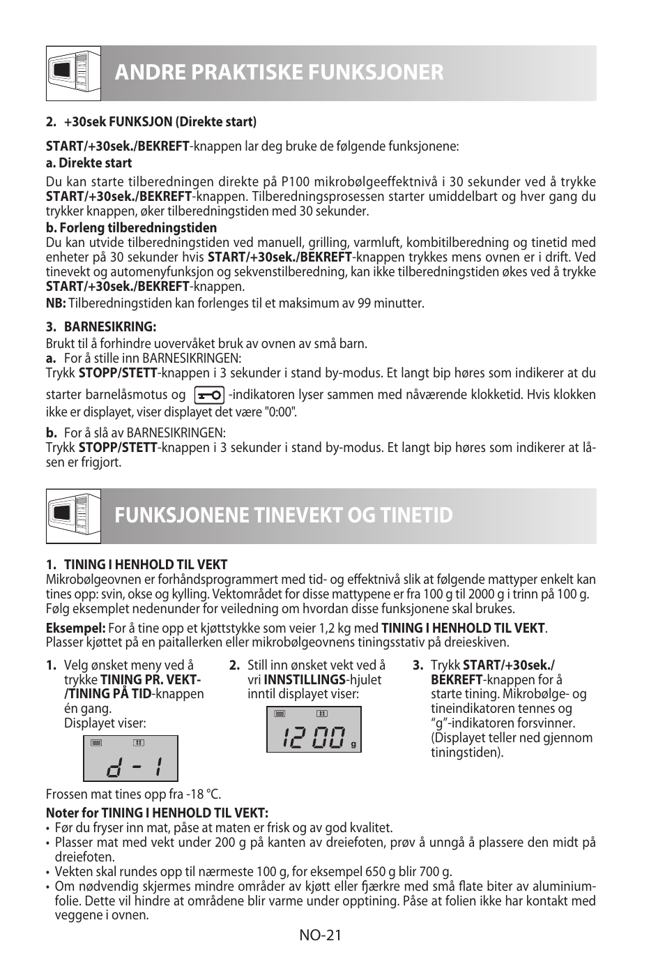 Andre praktiske funksjoner, Funksjonene tinevekt og tinetid | Sharp R-922STWE User Manual | Page 206 / 266