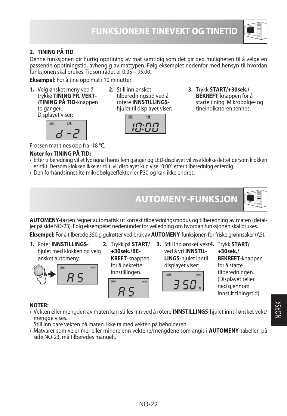 Funksjonene tinevekt og tinetid, Automeny-funksjon, Norsk | Sharp R-922STWE User Manual | Page 207 / 266