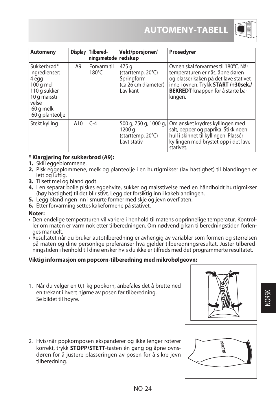 Automeny-tabell, Norsk | Sharp R-922STWE User Manual | Page 209 / 266