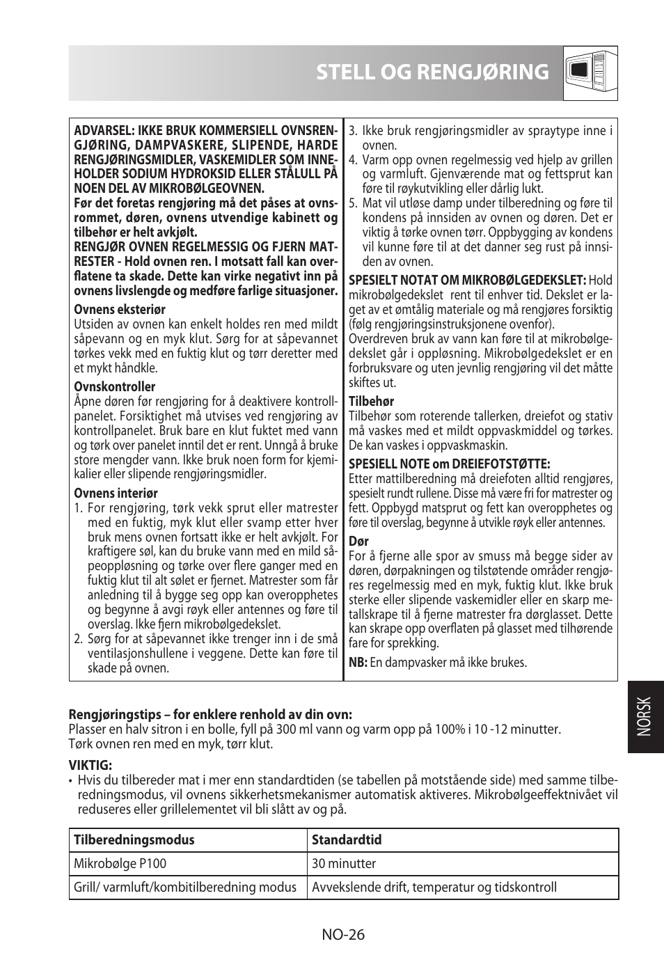 Stell og rengjøring, Norsk | Sharp R-922STWE User Manual | Page 211 / 266