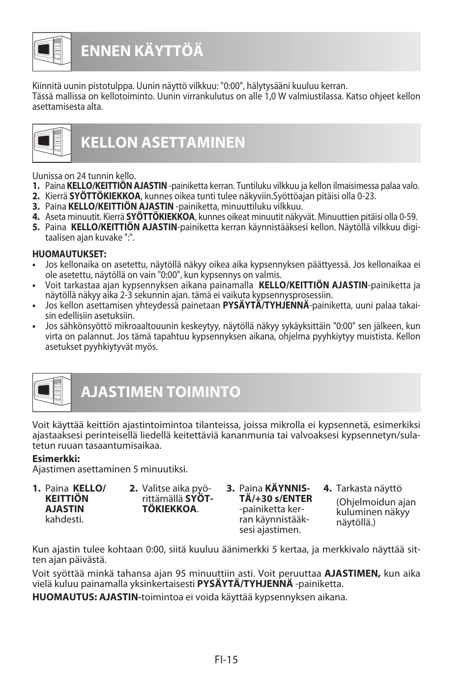 Ennen käyttöä kellon asettaminen, Ajastimen toiminto | Sharp R-922STWE User Manual | Page 226 / 266