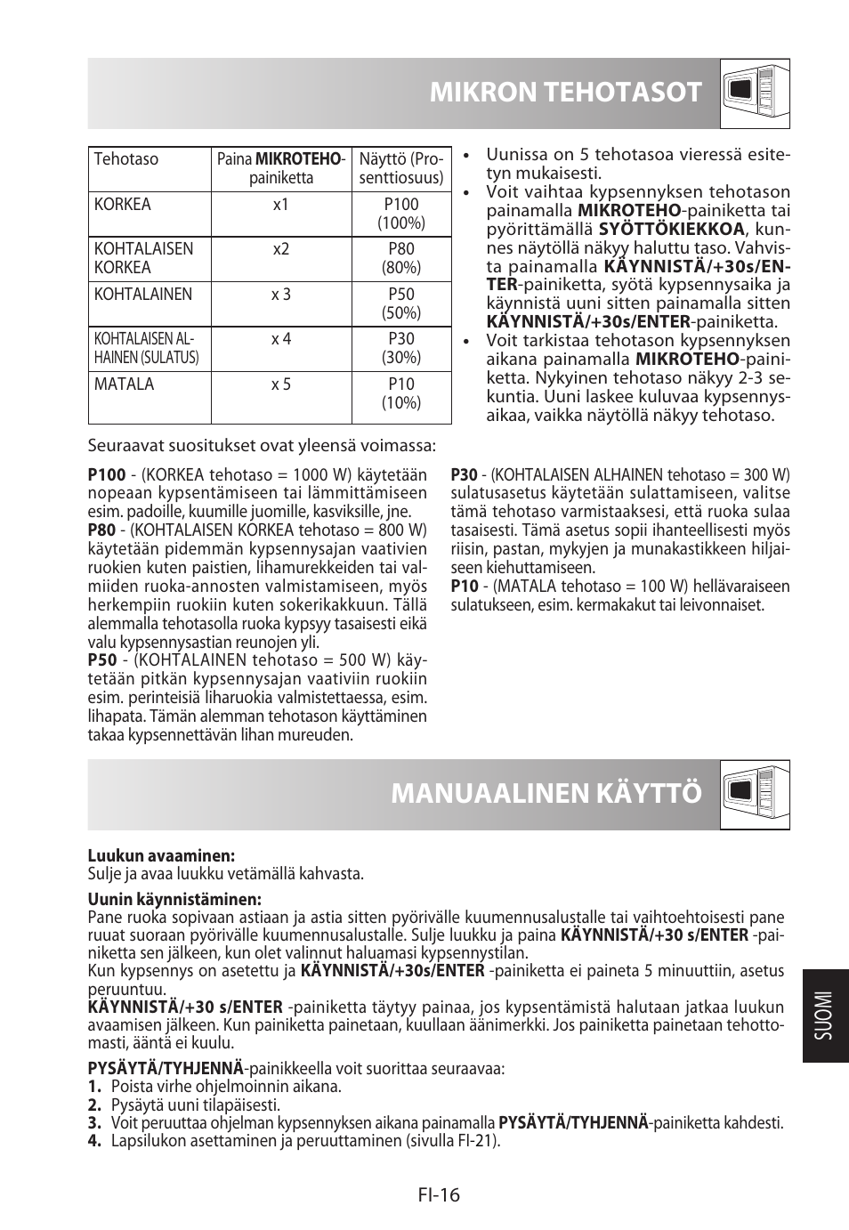 Mikron tehotasot, Manuaalinen käyttö, Suomi | Sharp R-922STWE User Manual | Page 227 / 266