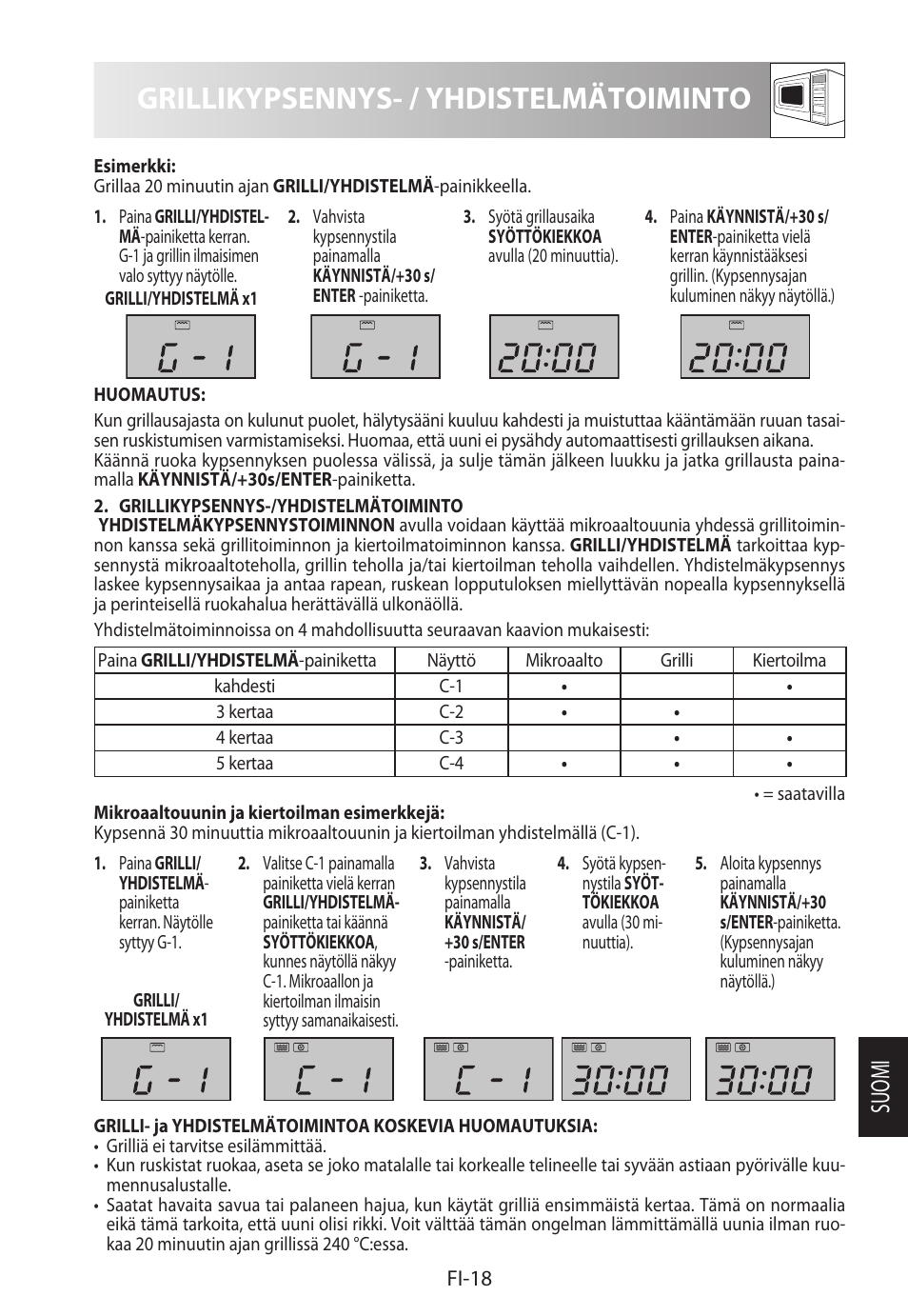 Grillikypsennys- / yhdistelmätoiminto, Suomi | Sharp R-922STWE User Manual | Page 229 / 266