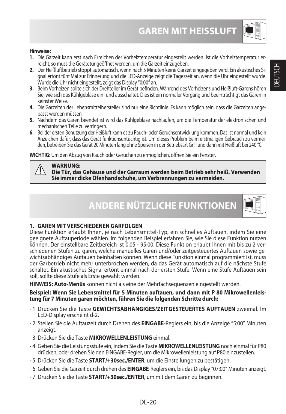 Garen mit heissluft, Andere nützliche funktionen, Deutsch | Sharp R-922STWE User Manual | Page 23 / 266
