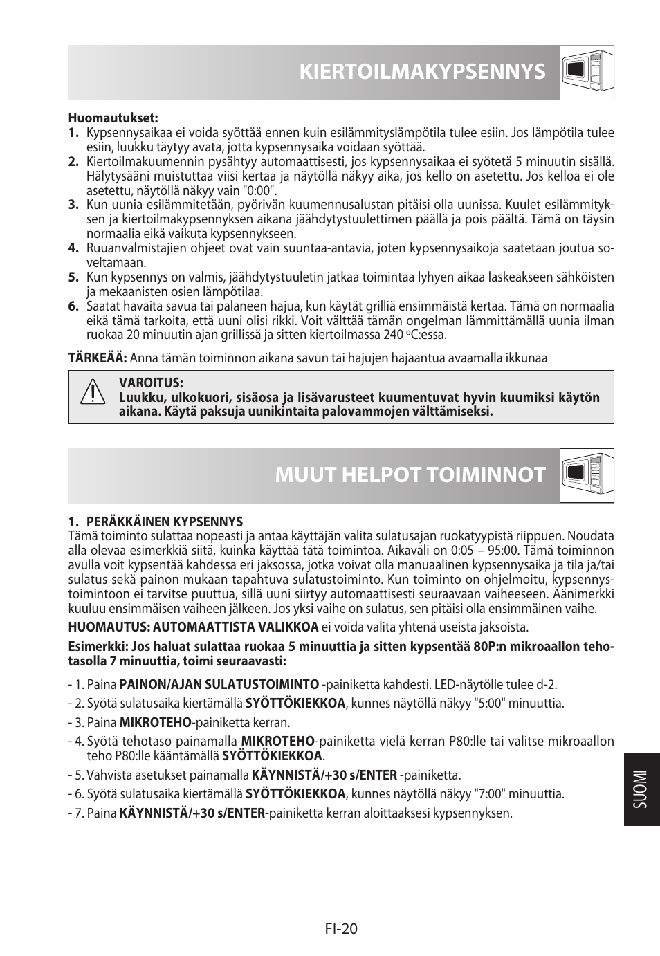 Kiertoilmakypsennys, Muut helpot toiminnot, Suomi | Sharp R-922STWE User Manual | Page 231 / 266