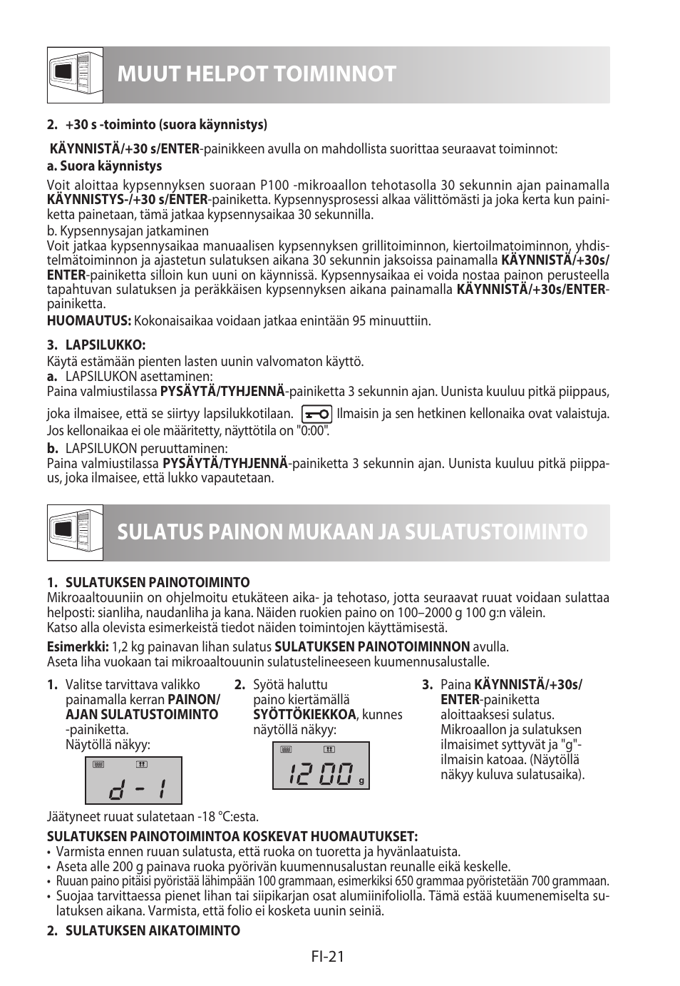 Muut helpot toiminnot, Sulatus painon mukaan ja sulatustoiminto | Sharp R-922STWE User Manual | Page 232 / 266