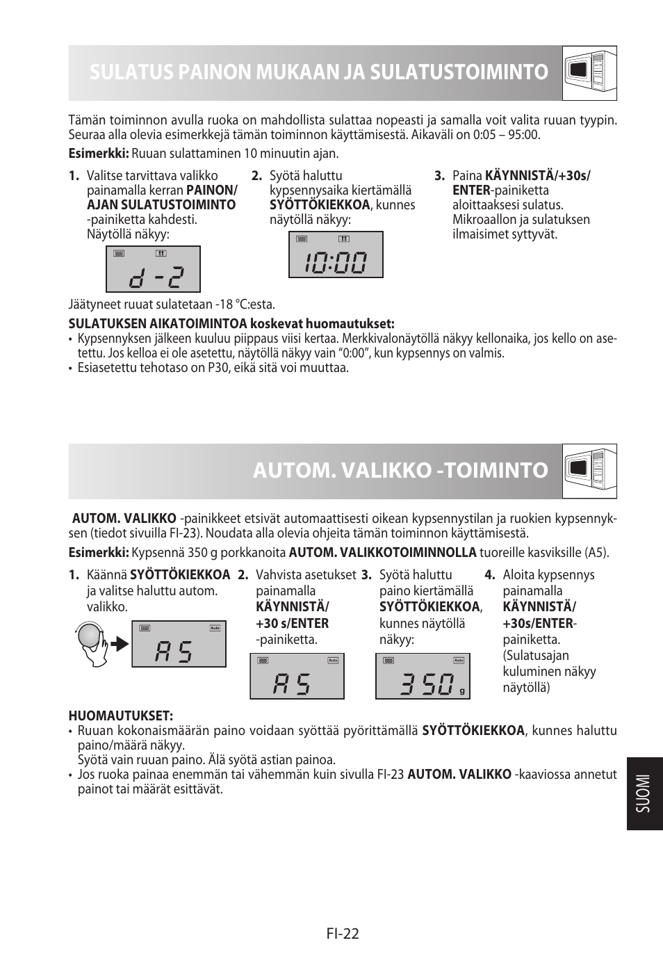 Sulatus painon mukaan ja sulatustoiminto, Autom. valikko -toiminto, Suomi | Sharp R-922STWE User Manual | Page 233 / 266