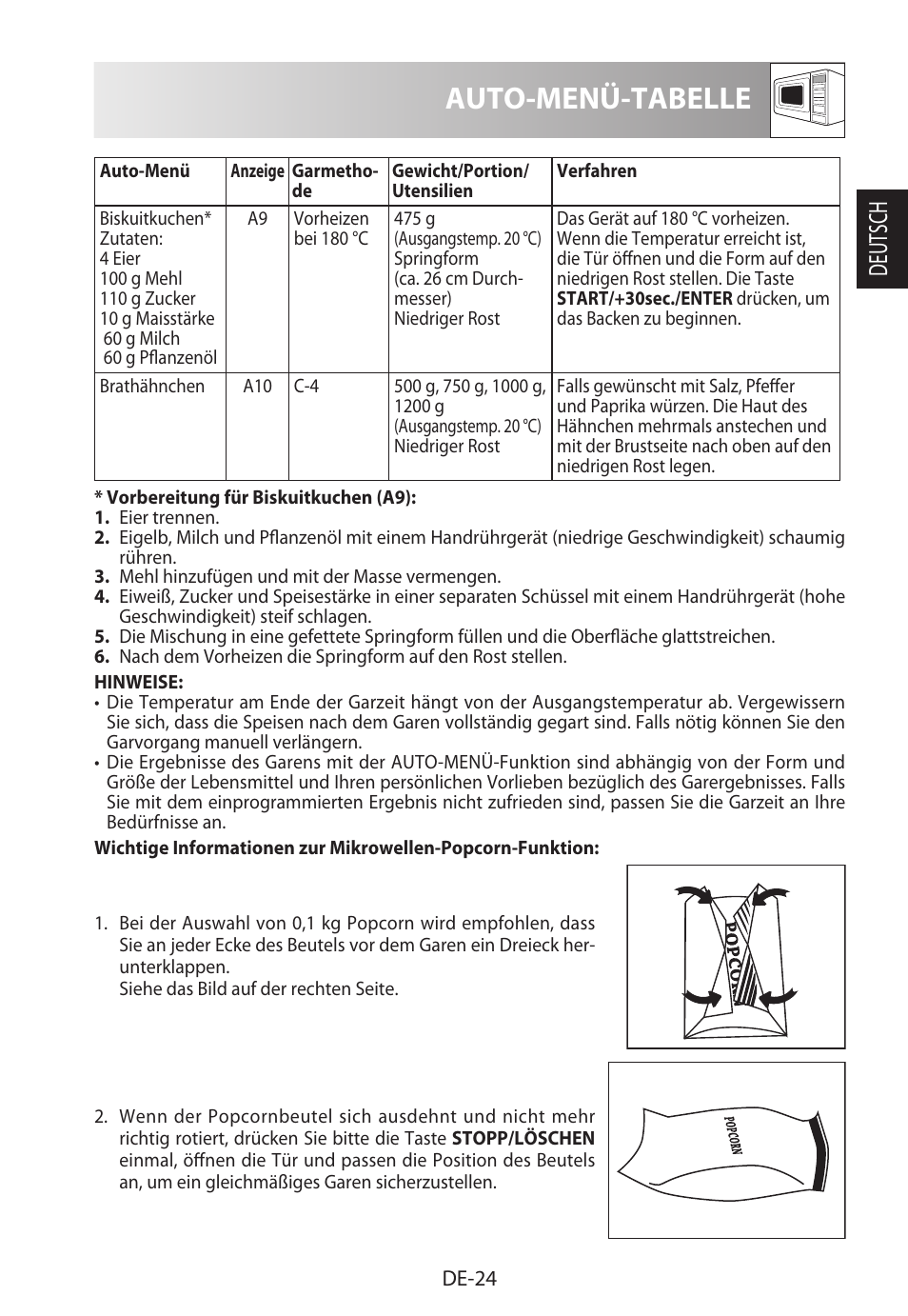 Auto-menü-tabelle, Deutsch | Sharp R-922STWE User Manual | Page 27 / 266