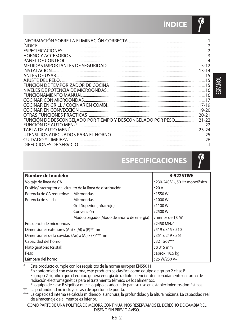 Especificaciones índice, Esp añol, Es-2 | Sharp R-922STWE User Manual | Page 31 / 266