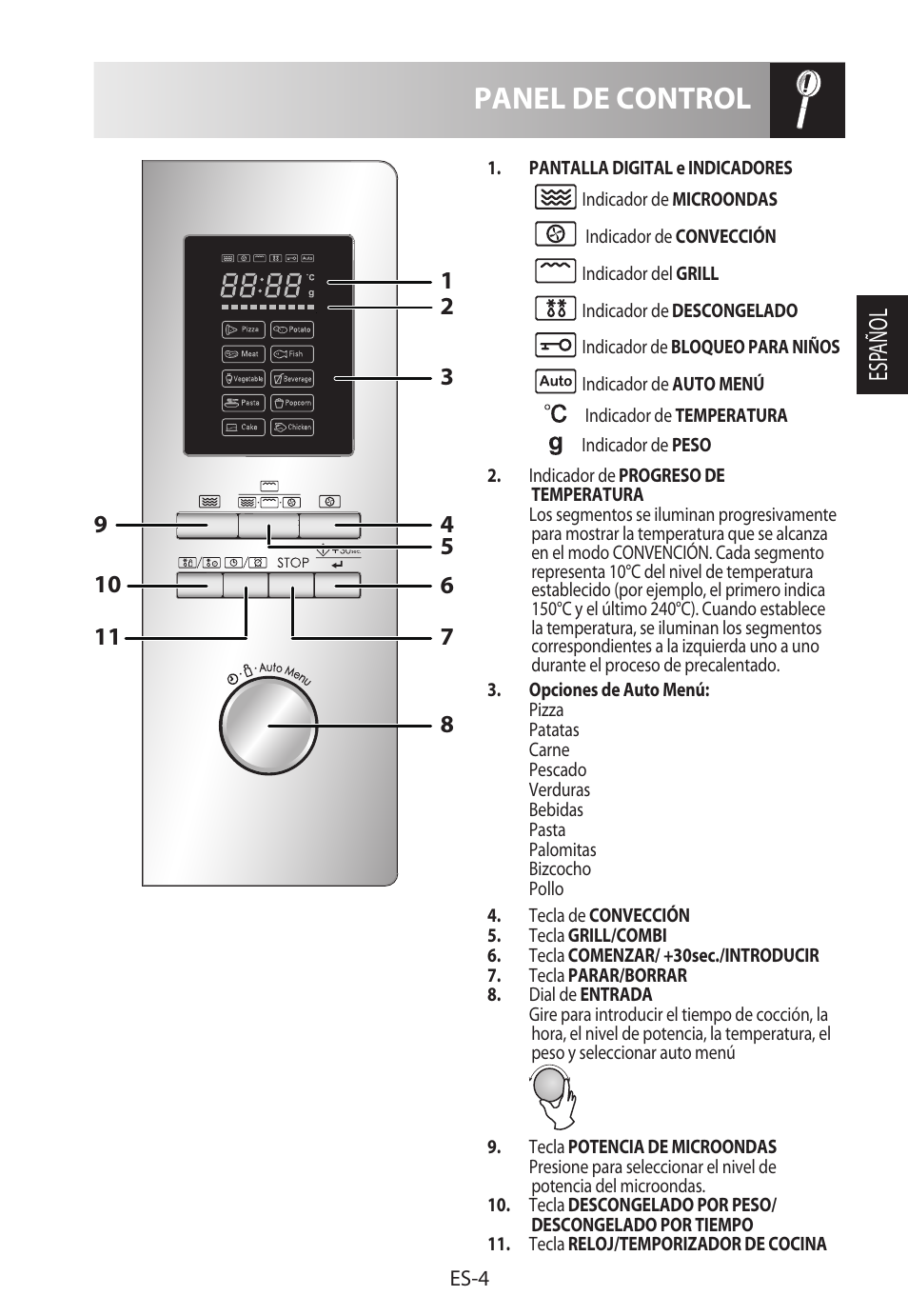 Panel de control, Esp añol | Sharp R-922STWE User Manual | Page 33 / 266