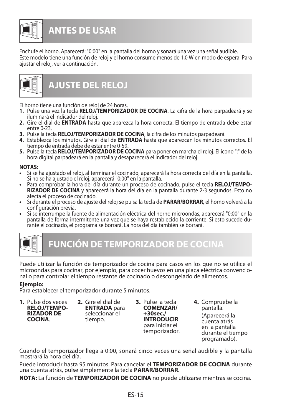 Antes de usar ajuste del reloj, Función de temporizador de cocina | Sharp R-922STWE User Manual | Page 44 / 266