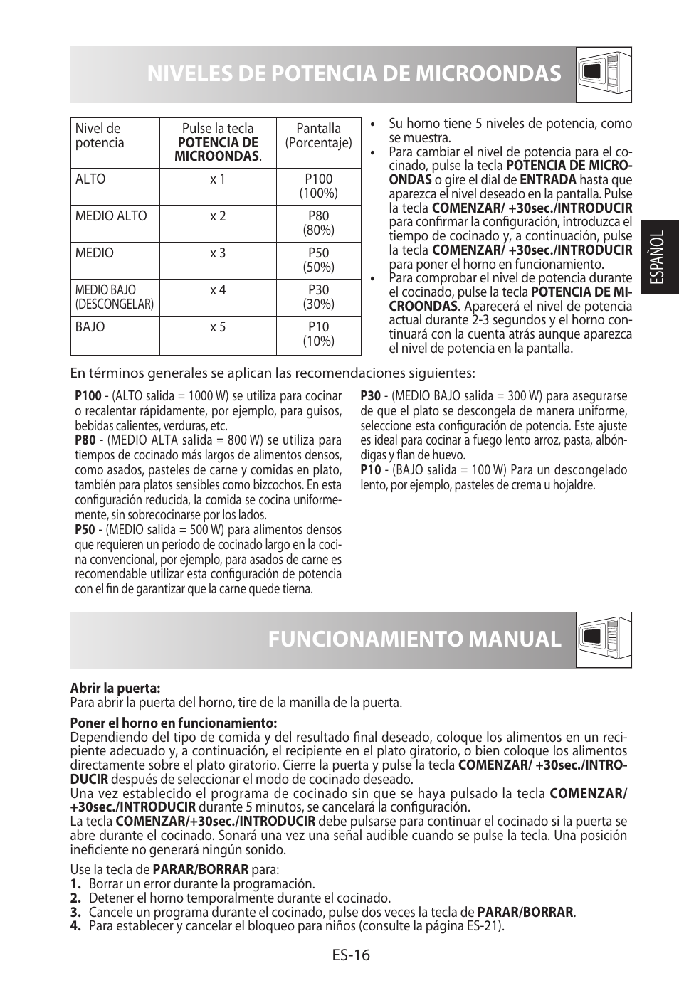 Niveles de potencia de microondas, Funcionamiento manual, Esp añol | Sharp R-922STWE User Manual | Page 45 / 266