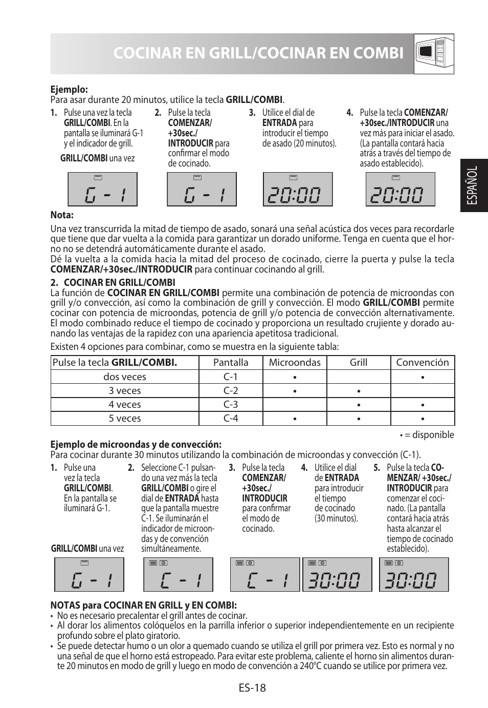 Cocinar en grill/cocinar en combi, Esp añol | Sharp R-922STWE User Manual | Page 47 / 266