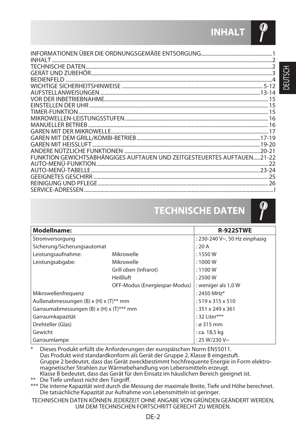 Technische daten inhalt, Deutsch, De-2 | Sharp R-922STWE User Manual | Page 5 / 266